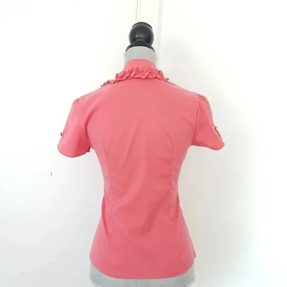 Womens Coral Pink Stretch Button Front Ruffle Flut - Picture 2 of 7